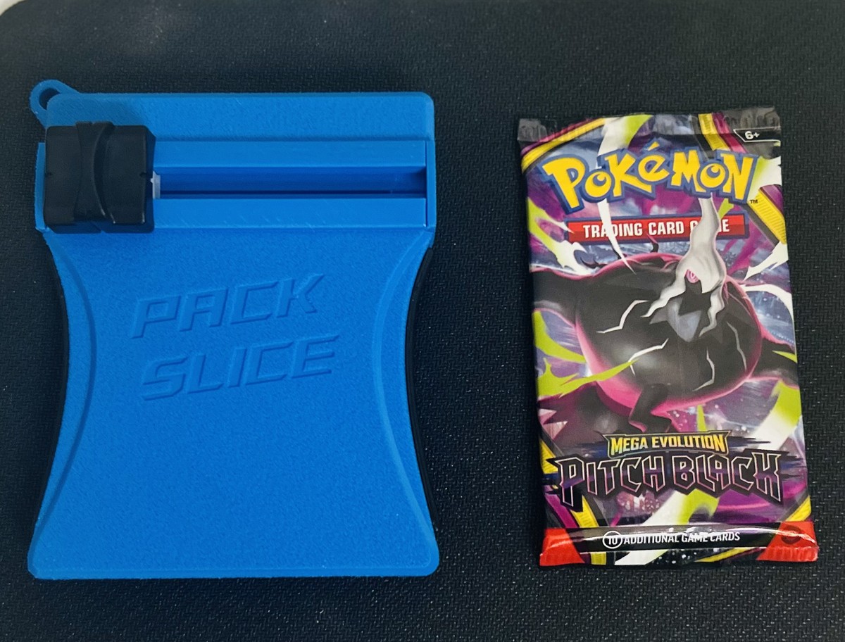 PackSlice beside a sealed Pokémon booster pack, ready for a straight cut